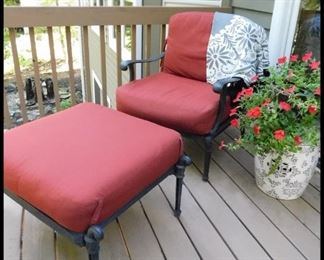 Outdoor Iron Padded Patio Chair and Ottoman.  Fabric is a beautiful shade of deep scarlet red.
