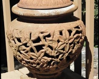 Rusty Metal and Cement Outdoor Urn with Lid.  Approximately 16" tall. 