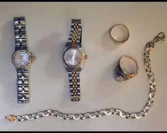 Raymond Weil Geneve 9690, Rolex Oyster Perpetual Superlative Chronometer Official Certified, Miami University Class Ring 10k with Opal, 14 K Ring with Diamonds and 14k Chain Bracelet from Italy.