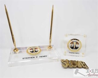 1571: 
Lucite "County of Los Angeles" Awards and a "Steve" Belt Buckle
Pen holder measures approx 8" x 4", smaller Lucite measures approx 4" x 4", belt buckle measurers approx 3.5" 