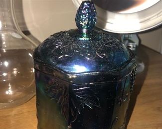 INDIANA CARNIVAL GLASS IRIDESCENT BLUE HARVEST GRAPE CANDY/BISCUIT JAR 