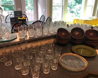 wide angle of glassware, bowl ware, decanter waiting for your brandy and broccoli tops (and by "broccoli" I mean "chair")