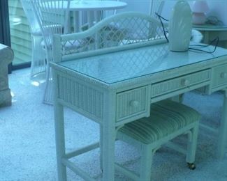 WICKER DESK OR DRESSING TABLE AND BENCH, VERY NICE CONDITION