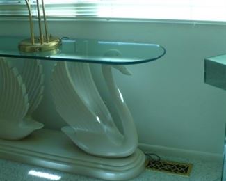SWAN BASE OVAL GLASS TOP TABLE 