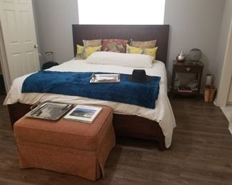 queen bed with mattress, decorative pillows