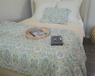Queen headboard and mattress and (two sets of beautiful bedding SOLD) Bed is 25% OFF Friday!