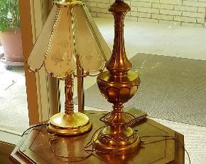 octagon wood  table, lamps