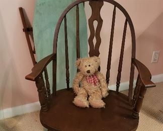 vintage Windsor chair, old ironing board, teddy bear