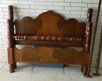 vintage wood 4-poster bed headboard, foot board, rails