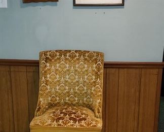 mid century gold/white velvet chairs, framed art