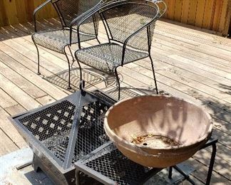 black patio chairs, fire pit