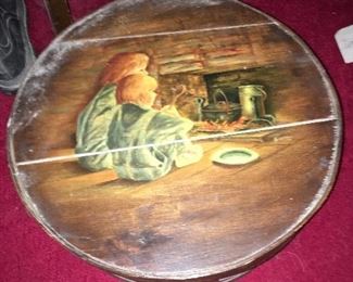Covered round box painted with two children on lid