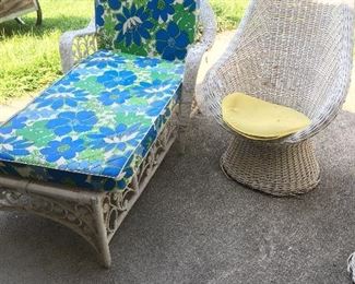 Wicker high back chair and lounge with vinyl cushions, in great condition