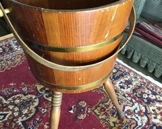 Vintage sewing bucket, wooden bucket with handle on three legs