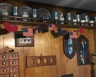 Pewter dining set, pewter with ceramic lined mugs, and pewter beer glasses. Wooden spice box, personal mirror, Americana quilted garland, quilted hearts hanging.