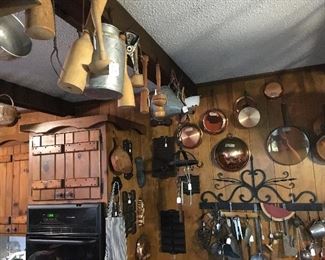Vintage, antique, copper, wood, metal kitchen utensils.
