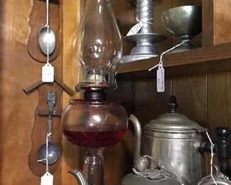 Vintage and antique Pewter coffee pots, oil lamp, spoon holders, and much more pewter