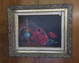 Original painting on canvas of hibiscus and a lamp