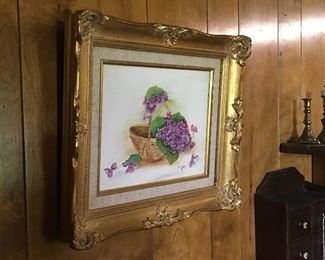 Original painting on canvas by Marjorie Hurst of violets in a basket