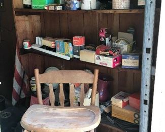 Vintage wooden high chair, vintage car and tractor parts in original boxes
