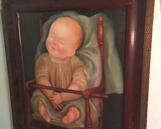 Original painting on canvas by Pat Clarke of a baby doll in a high chair