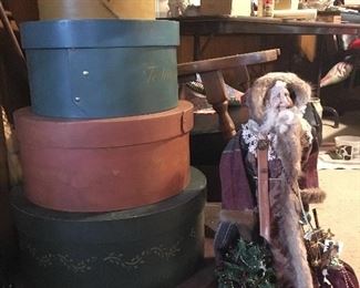 Shaker boxes (set of 5), Christmas Santa, mid century modern chairs (set of 2)