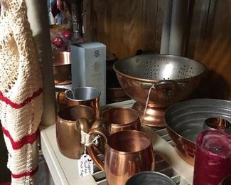 Copper colander, copper Moscow mule mugs, copper jello mold, copper pans, copper tankards