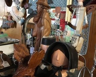 Carved walnut pieces, painted Americana couple