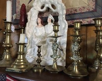 Antique and vintage Brass candlestick holders including rare Robin Hood set, Staffordshire couple (as is)