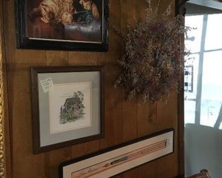 Signed prints, handmade cross stitch, dry flower wreaths.