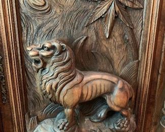 Antique Belgium Hand Carved Hunting Side Board Cabinet
