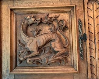 Antique Belgium Hand Carved Hunting Side Board Cabinet