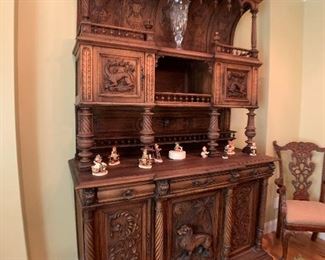 Antique Belgium Hand Carved Hunting Side Board Cabinet