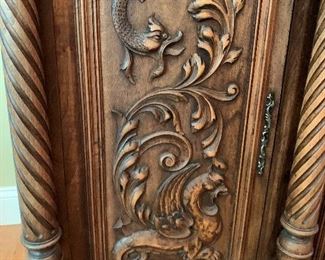 Antique Belgium Hand Carved Hunting Side Board Cabinet