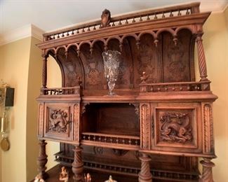Antique Belgium Hand Carved Hunting Side Board Cabinet