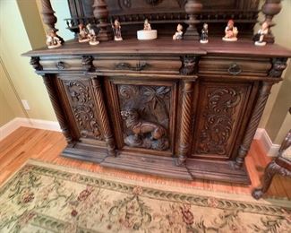 Antique Belgium Hand Carved Hunting Side Board Cabinet