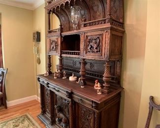 Antique Belgium Hand Carved Hunting Side Board Cabinet