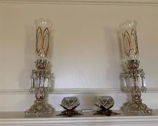 Pair Enameled with Gilt Hurricane Glass Candlesticks