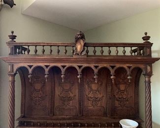 Antique Belgium Hand Carved Hunting Side Board Cabinet with Marble Top