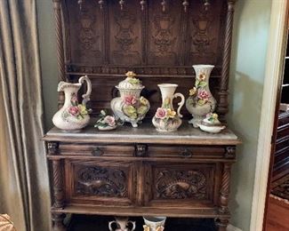 Antique Belgium Hand Carved Hunting Side Board Cabinet with Marble Top