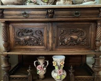 Antique Belgium Hand Carved Hunting Side Board Cabinet with Marble Top