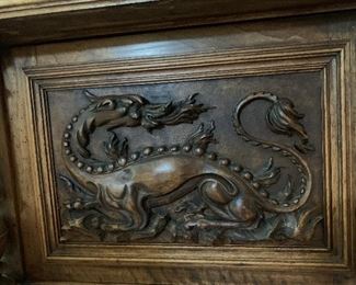 Antique Belgium Hand Carved Hunting Side Board Cabinet with Marble Top