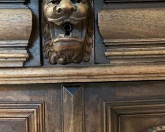 Antique Belgium Hand Carved Hunting Side Board Cabinet with Marble Top