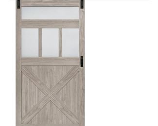 42 in. x 84 in. Silver Oak MDF Frosted Glass 5-Lite Rustic Sliding Barn Door with Hardware Kit