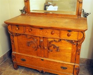 Antique 4 Drawer Buffet With Beveled Glass Mirror, 52" x 48" x 24"