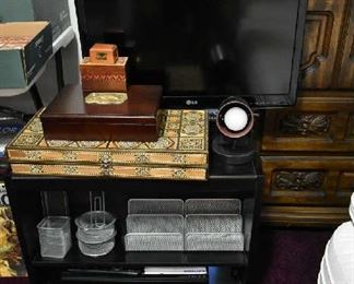 FLATSCREEN TV, TV STAND, OFFICE SUPPLIES