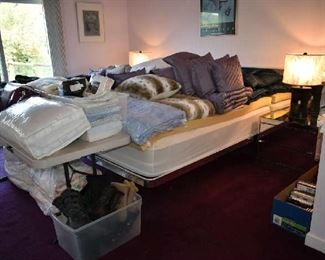 KING BED (BEAUTY REST MATTRESS) W/ATTACHED NIGHTSTANDS, BEDDING, LINENS