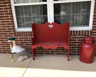 Goose not for sale. Bench and milk jug are for sale