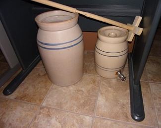 Marshall 5 gal butter churn and Storie water crock.