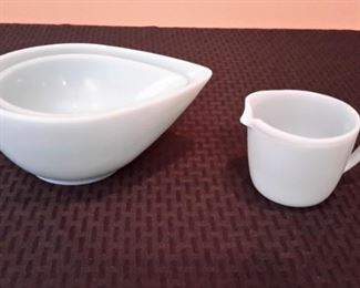 Vintage Fire King teardrop azurite nesting bowls and an azurite creamer.
